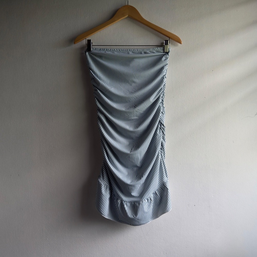 Y2K Edikted Gaia Gathered Striped Dress Women Medium Blue White Ruffle Hem